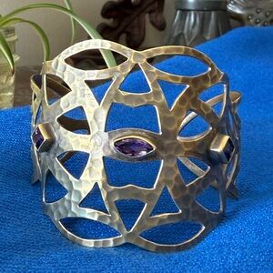 Silver Tone Hammered Metal Cuff Bracelet with Amethyst Gemstones